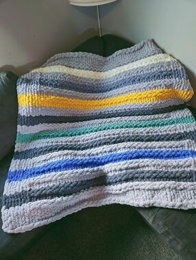 Handmade Chunky Striped Throw Blanket - Gray, Blue, Yellow, Green